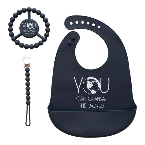 Silicone Bib, Pacifier Clip & Teether Set (You can change the World)