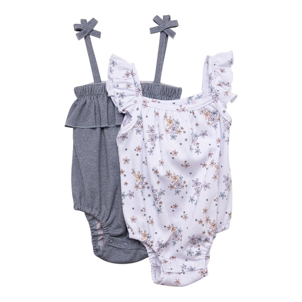 Ruffle Romper Set (Blue/ White with Floral)