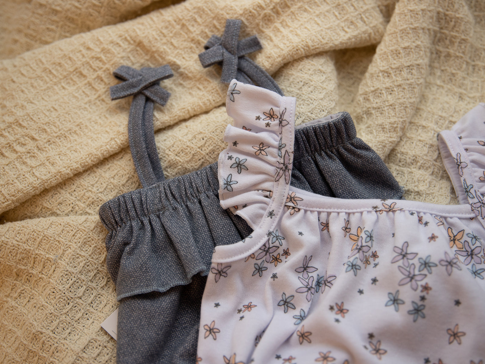 Ruffle Romper Set (Blue/ White with Floral) – Lilaandjack