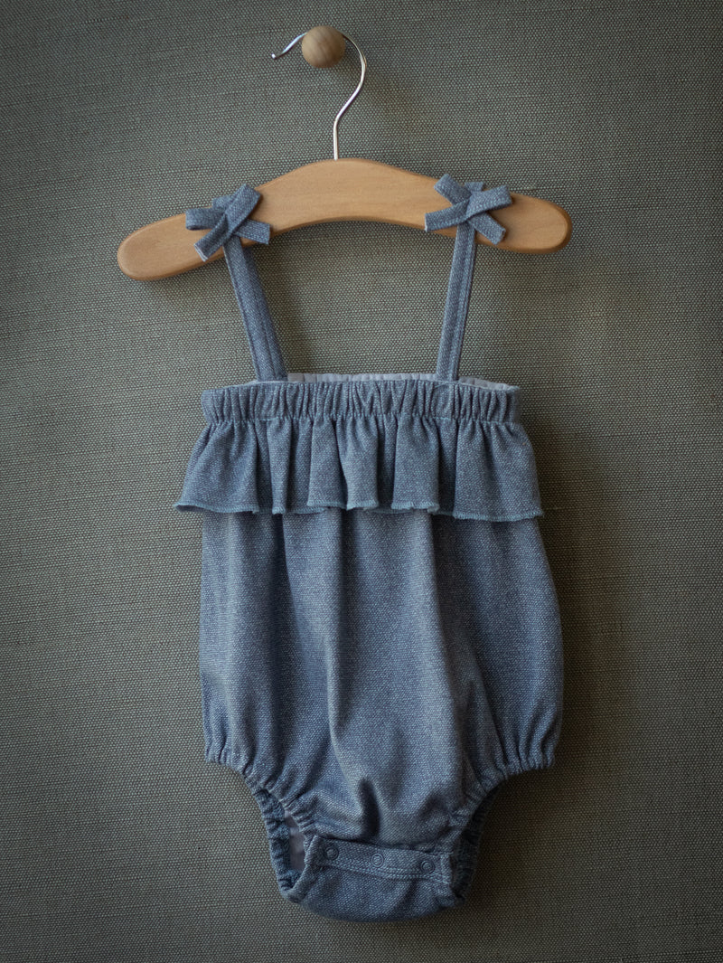 Ruffle Romper Set (Blue/ White with Floral)