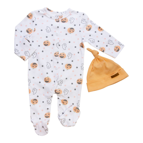 Halloween Pajama & Hat Set (White/Pumpkin)