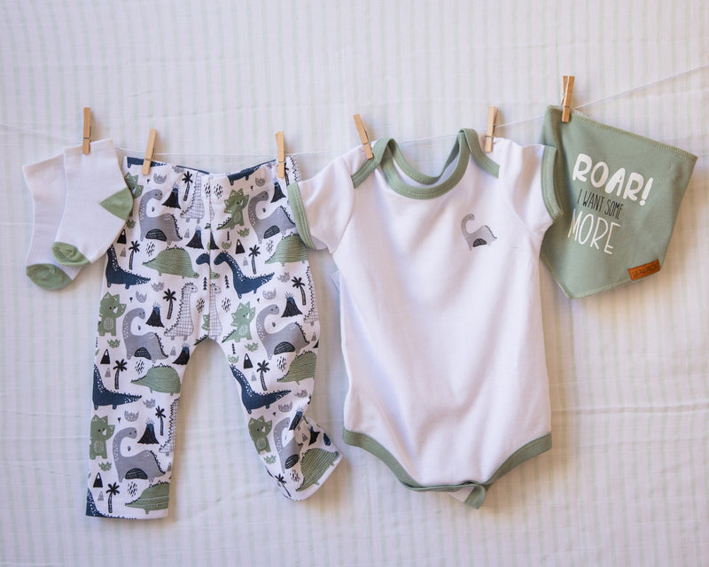 Short Sleeve Pants Set  (White/Green with Dinosaur)